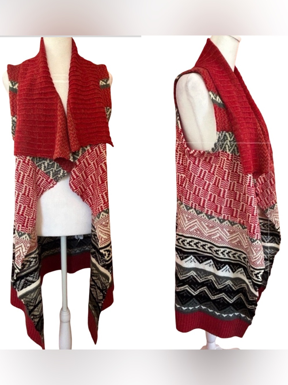 GH Bass Cardigan sweater vest Red Aztec Southwestern Open Front Long duster S